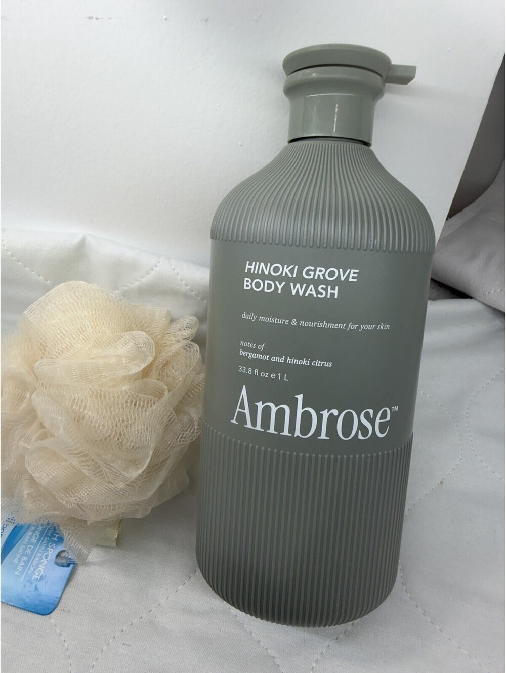Ambrose Hinoki Citrus Bergamot Body Wash 33.8oz + Bonus Bath Sponge Spa Gel
